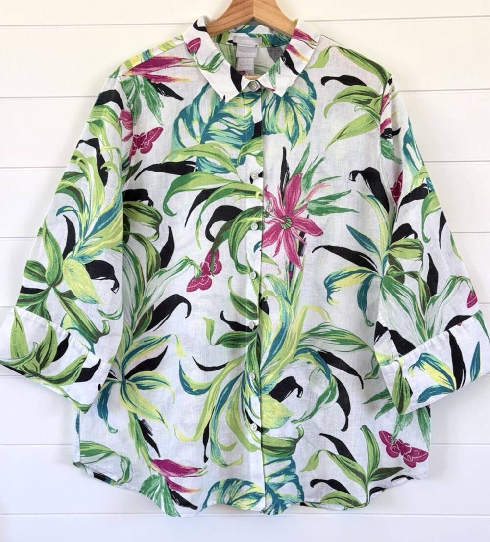 Chicos Linen Tropical Floral Button Up Blouse No Iron Size 16 (3) White Green